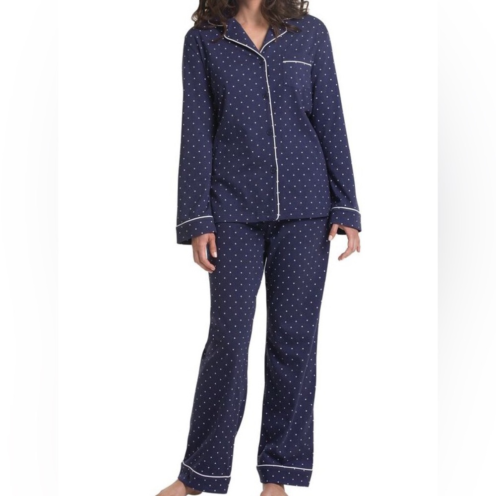 PajamaGram Cotton Jersey Boyfriend Pajama Set Navy Polka Dot LP